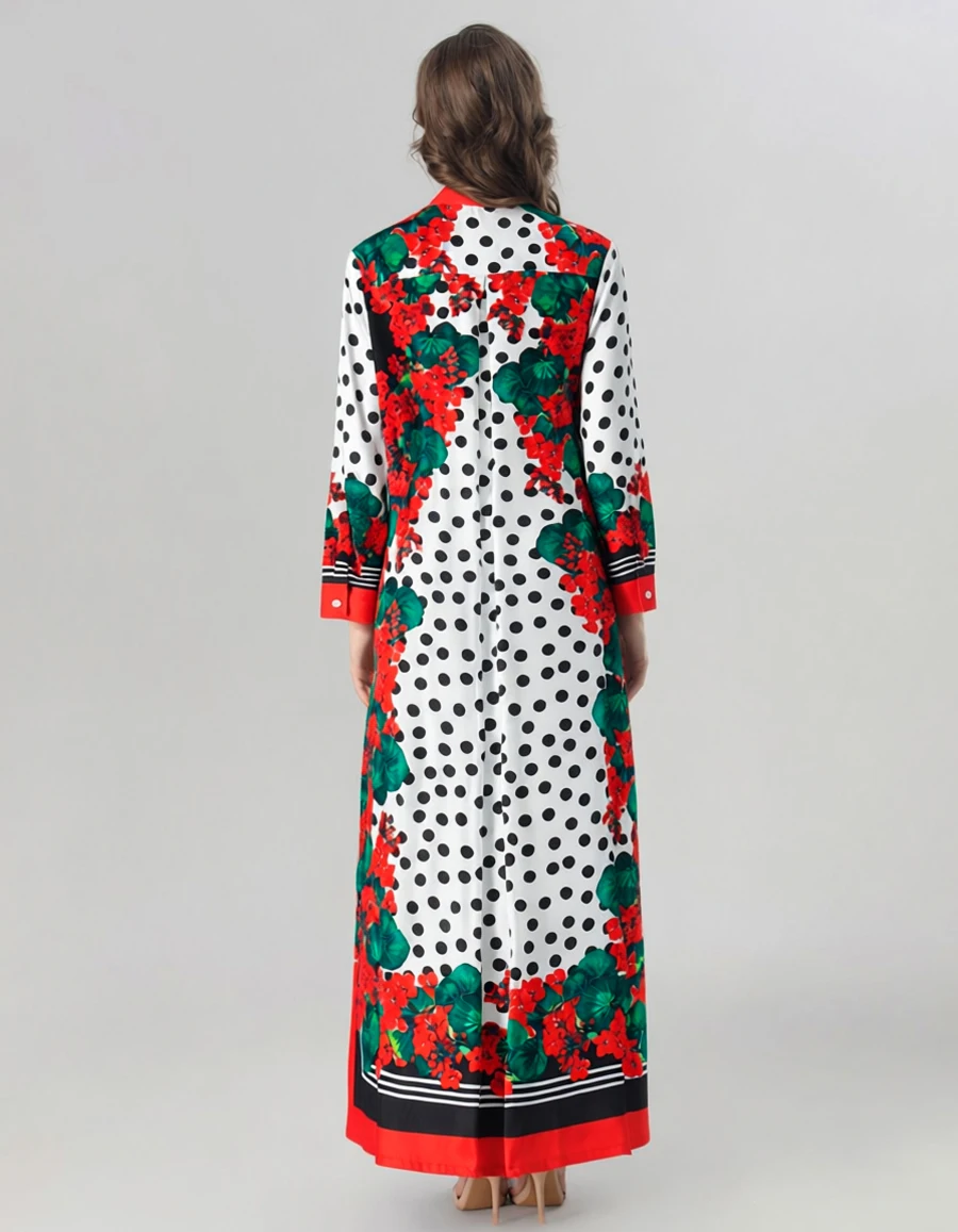 Abito lungo da donna con stampa floreale rossa e pois, colletto abbottonato, maniche lunghe, abiti fluidi stile vintage