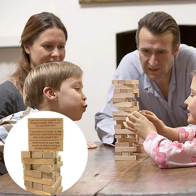 54x Icebreaker Questions Tumbling Tower Game Wooden Tumbling Tower Block Toy Stacking Brick Blocks Questions Block Building Game