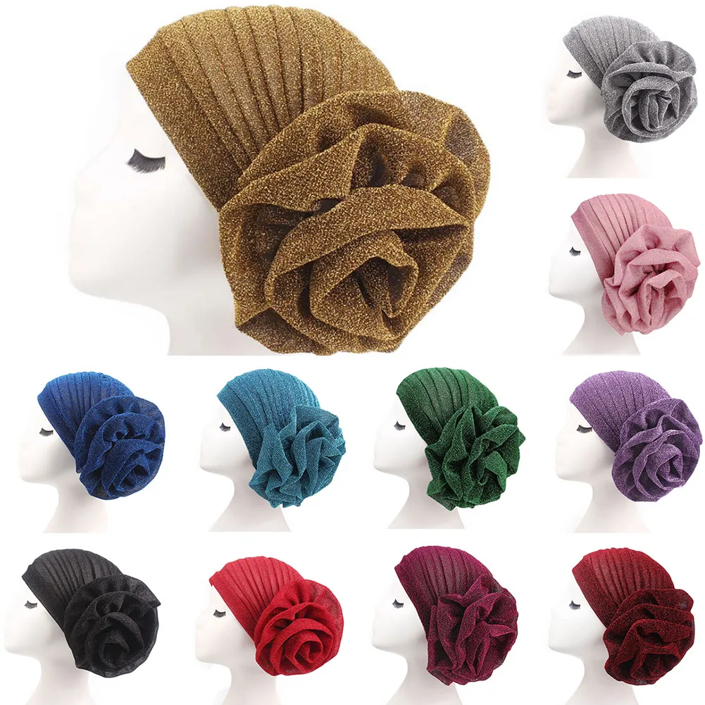 Elegant Shiny Turban Cap Women Muslim Hijab Islamic Jersey Chemo Cap Big Flower Head Scarf Ladies Head Wrap Cover Hijab Scarf