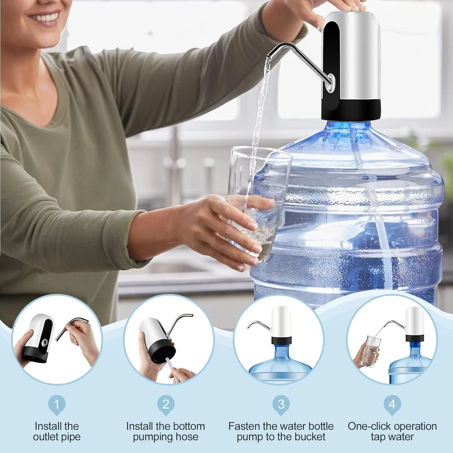 Portable electric water dispenser with automatic switch and USB charging function, suitable for camping, kitchen, office (white)