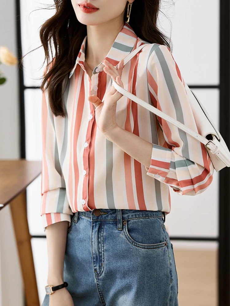 New Long Sleeve Turn Down Collar Women Blouses 2025 Women Striped Shirt Autumn Casual Women's Long Sleeves Color Blocking Tops