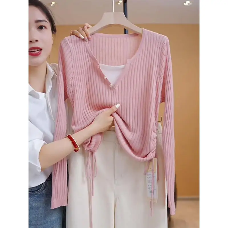 Top slim fit lavorato a maglia rosa da donna all'inizio dell'autunno Nuovo Sle Side Dstring Faionable Beautiful Base irt Maglione V-ne Lungo...