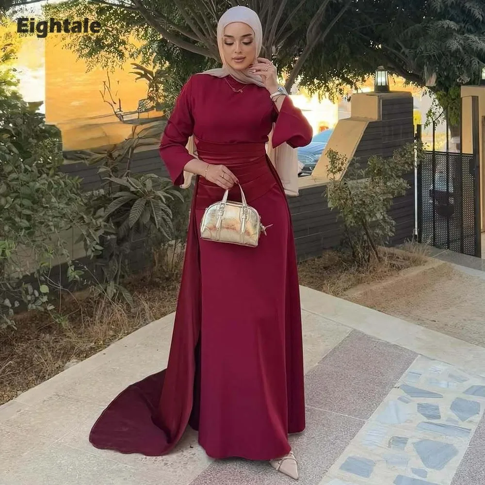 

Eightale Arabic Evening Dress O-Neck Pleats Long Sleeves Prom Gown Muslim Customized Wedding Party Dress Mermaid