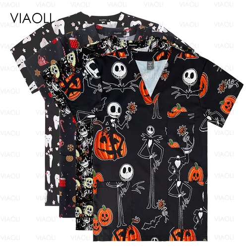 Uniformes quirúrgicos con estampado negro para hombre y mujer, ropa de Halloween, Top médico con cuello en V, camiseta con 3 bolsillos, ropa médica clínica