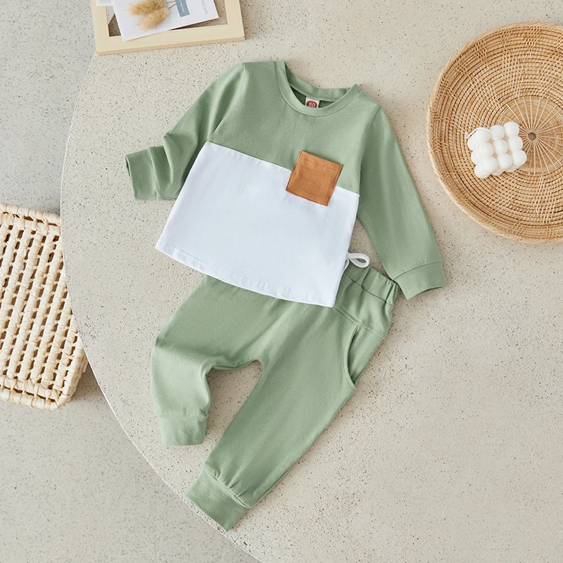 Suefunskry Toddler Boys 2PCS Outfits Long Sleeve Contrast Color Pullover Tops and Drawstring Pants Sets 0-3Years