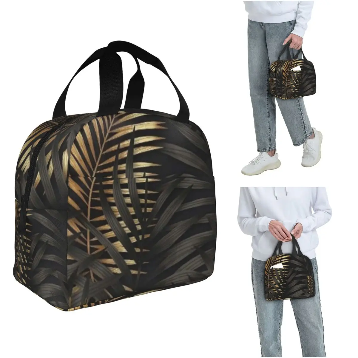 Isolierte Lunchtasche mit schwarzem goldenem Blattmuster für Damen und Kinder, auslaufsichere Lebensmittelboxen, Thermo-Lunchbox-Tragetasche