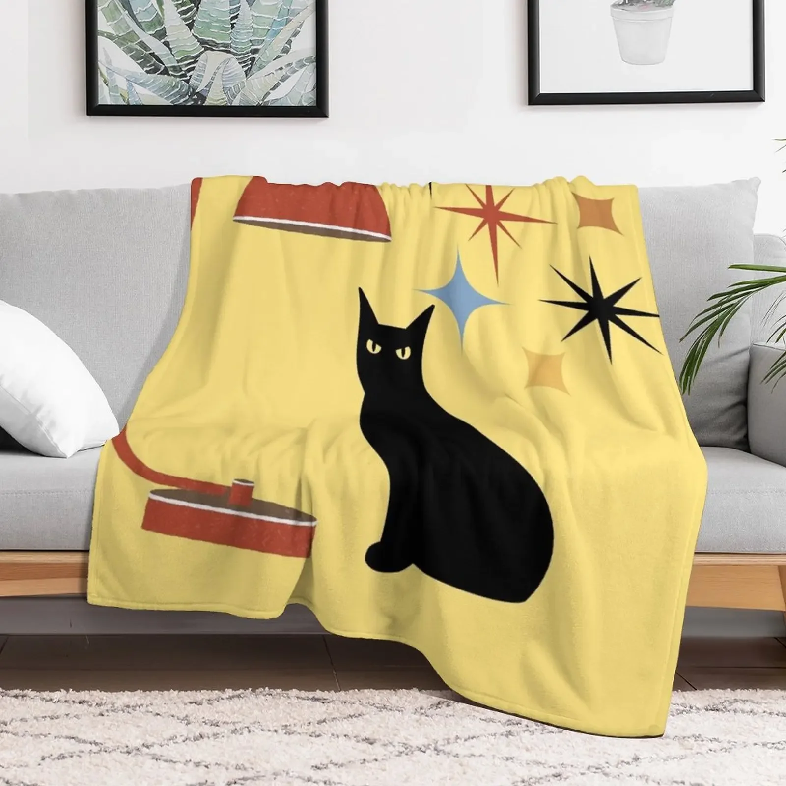 Retro Mid Century Atomic Black Cat, Mid century cat,retro atomic cats, Throw Blanket Heavy Bed Shaggy Blankets