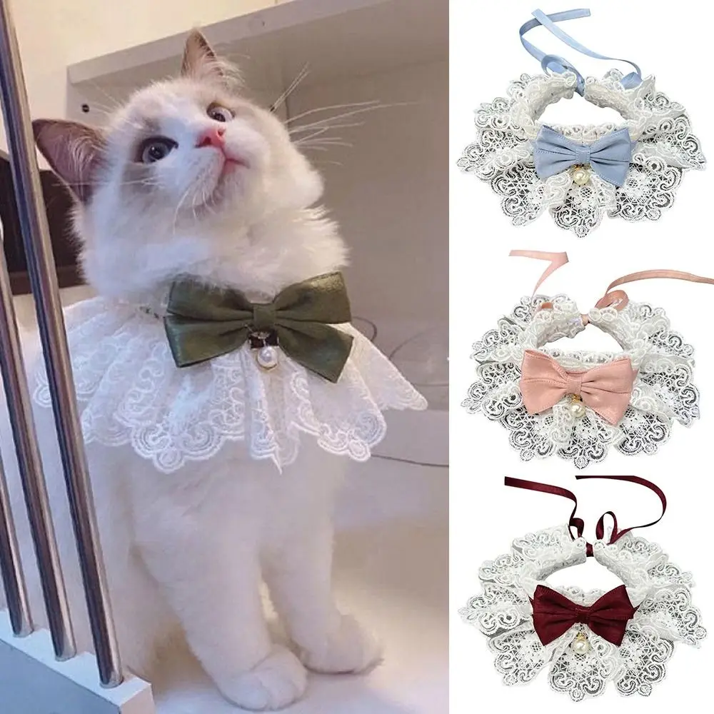 Lace Bowknot Pearl Collar Cat Dog Neckerchief Pet Cats Kitten Dog Puppy String Bib Necklace Necktie Neck Strap Scarf Accessories