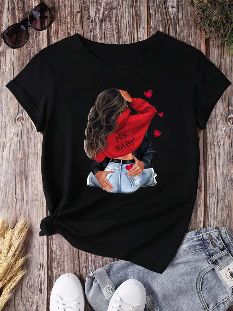 

Fashion Women's Short Sleeves T-Shirt Valentines Day Couple Pattern Printed Women's Casual Round Neck Tops Tees