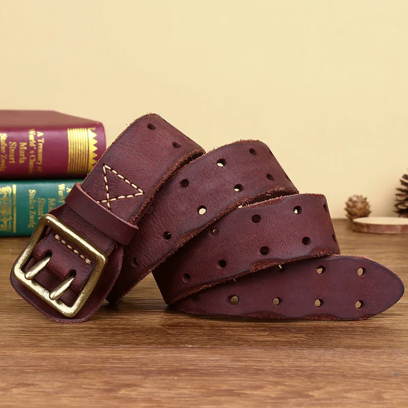 Men 2 Pin Buckle Top Real Full Grain Genuine Leather Belt 38 mm Double Needle Casual Jeans Belt