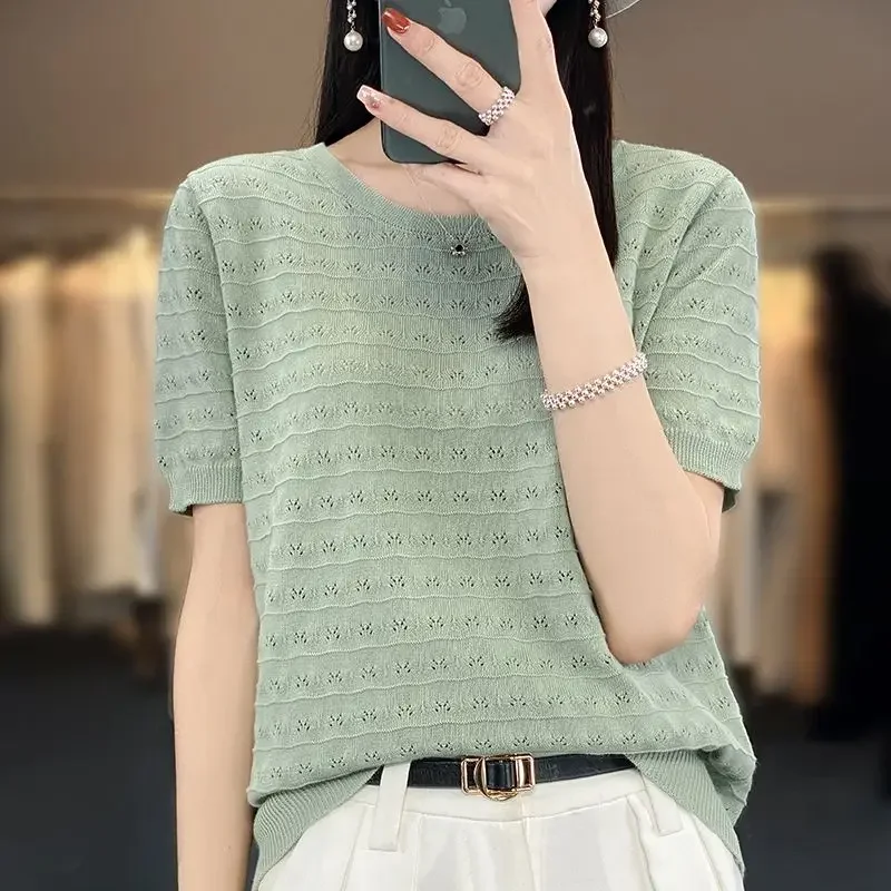 Korean Office Lady Summer T-Shirts Women's Solid Color Round Neck Ice Silk Screw Thread Chic Casual Short Sleeve Loose Knit Tops