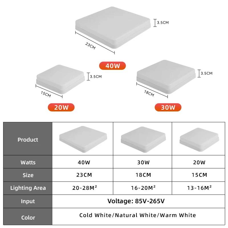 사각형 LED 천장 조명, AC85-265V 패널 조명, 거실 실내 조명, 30W, 40W