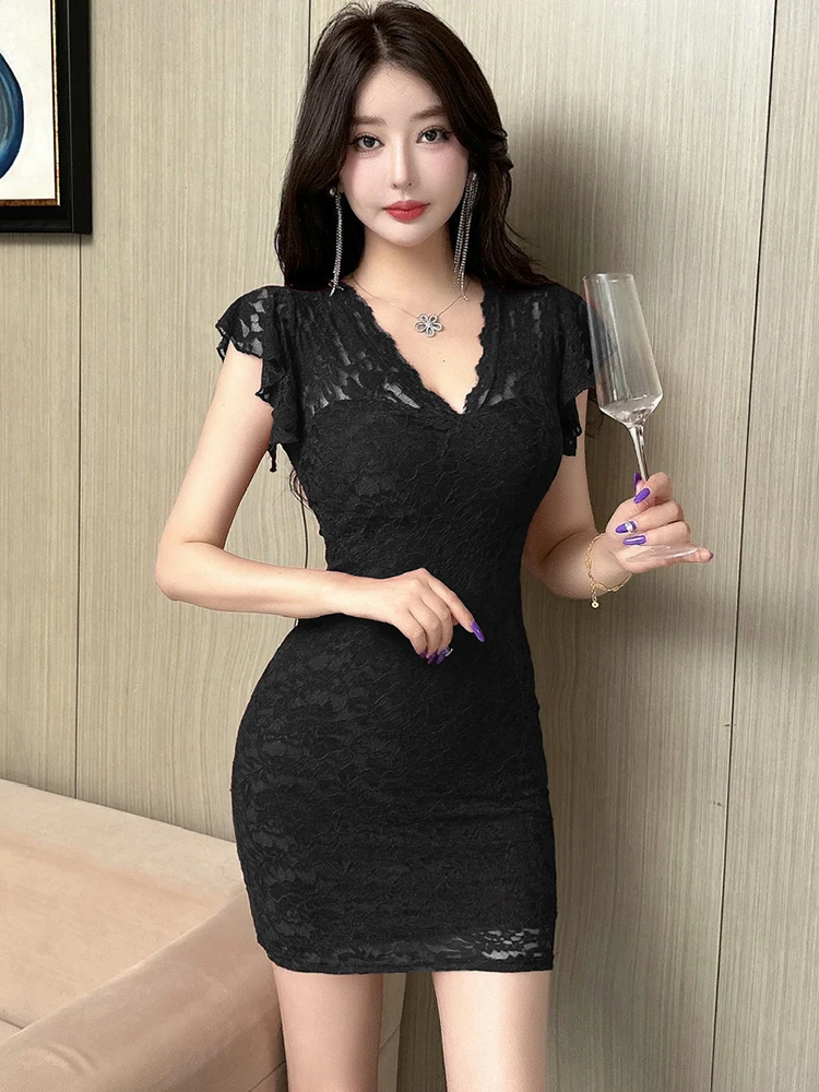 Frauen Rote Spitze Haken Blume Hohl V-ausschnitt Sexy Mini Kleid 2025, Koreanische Luxus, Figurbetontes Kleid Sommer Elegante Chic Festival Vestidos