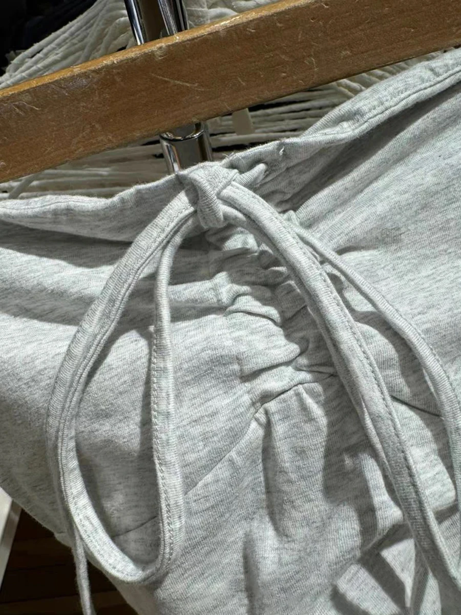 Gray Drawstring Strapless Slim Tank Tops Women Summer Cotton Cropped Halter Camisole Solid All-match Sweet Crop Top Y2k Vest