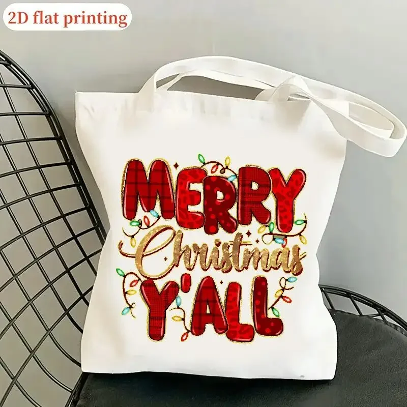 Christmas Print Canvas Shoulder Bag Merry Christmas Y'all String Lights Tote For Daily Errands