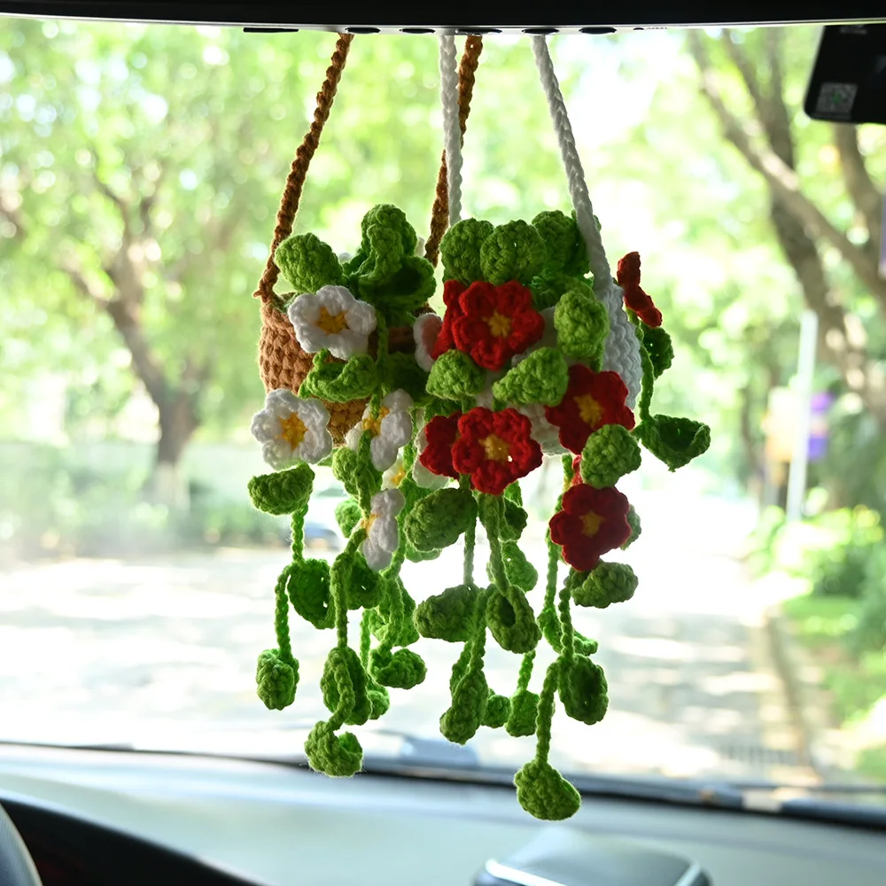 Cesta colgante de vid de plantas de ganchillo, flores artificiales, regalo hecho a mano para ella, decoración de pared del hogar de la habitación, accesorios de adorno de espejo de coche