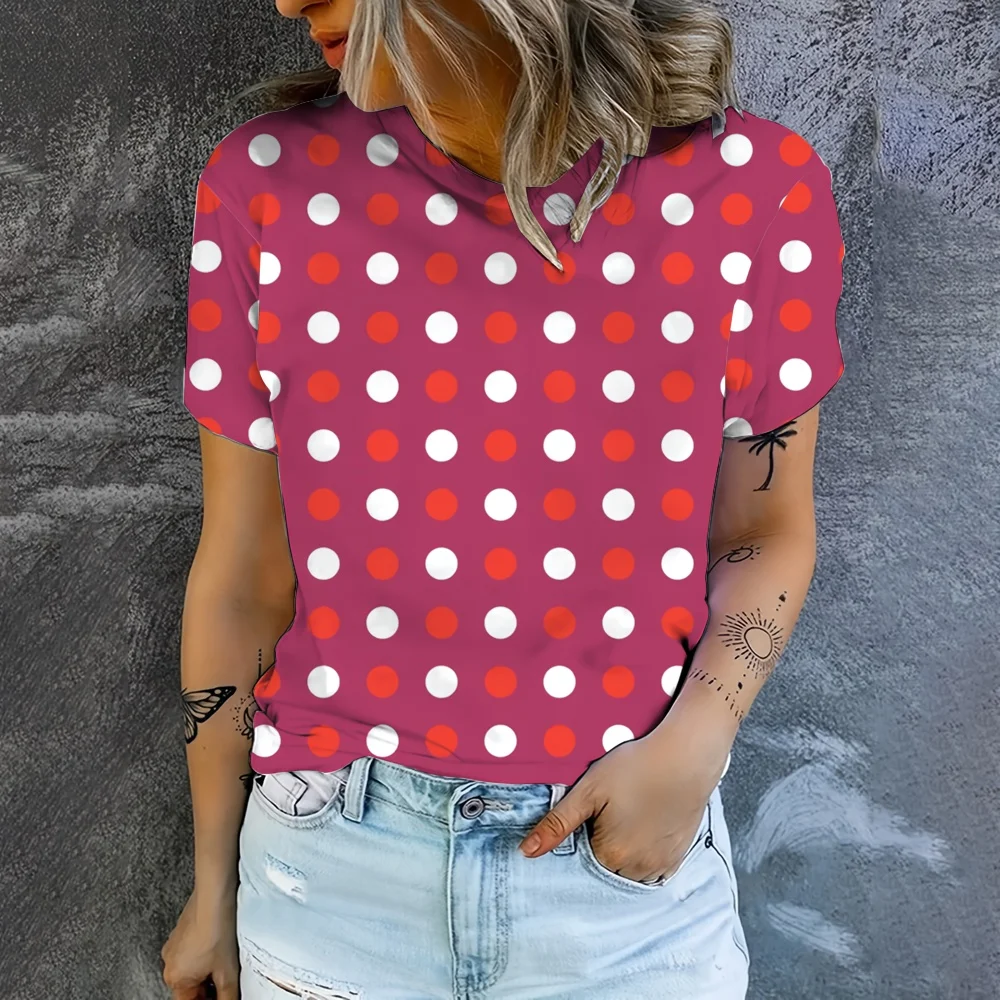 2024 New Summer White Polka Dots Pattern Imple Style Casual Woman Clothing Oversized T-shirt Short Sleeve Comfortable Tops 5XL