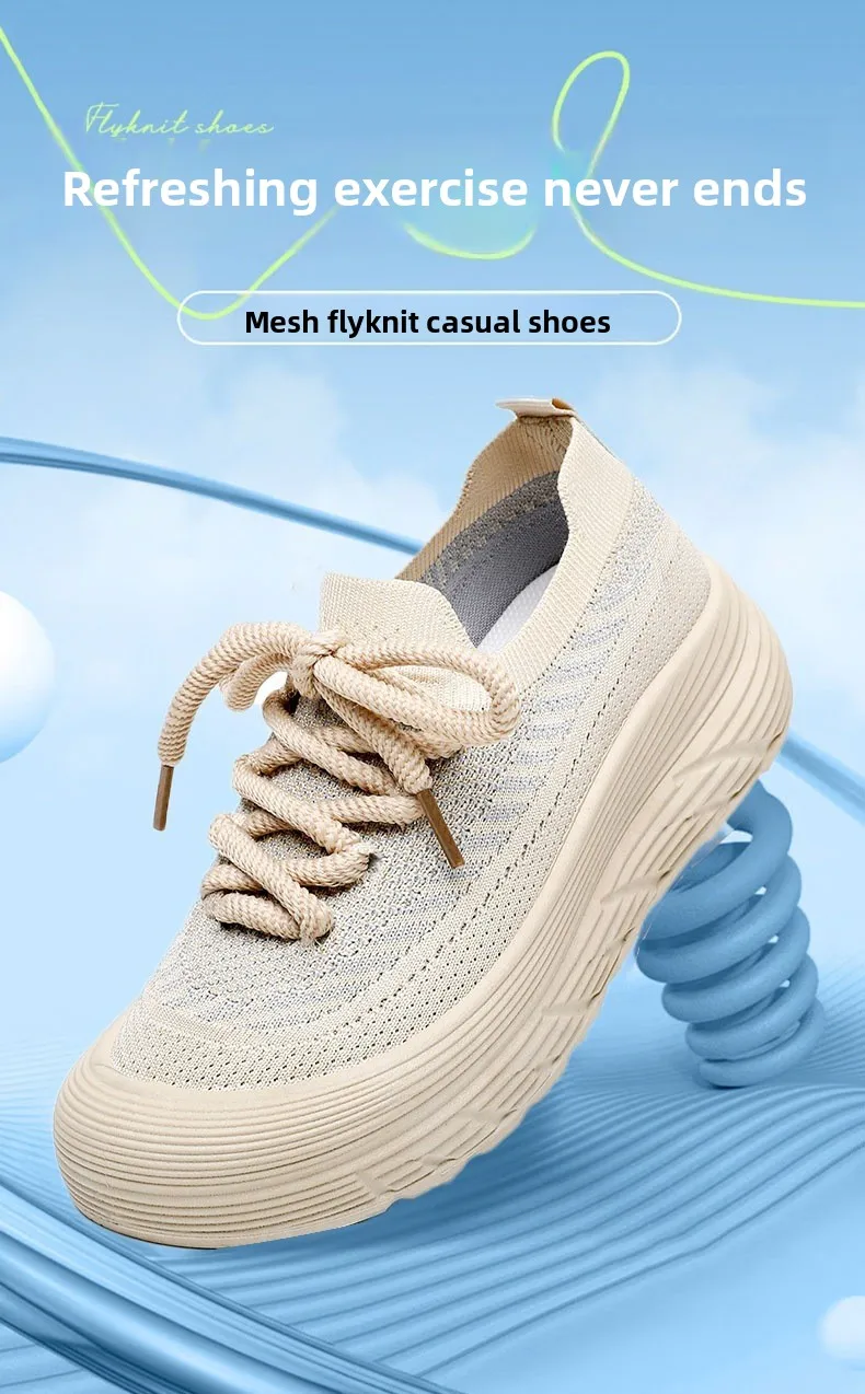 Damen-Sneaker mit Strickmuster, Mesh-Einsatz und Schnürung, dicke Plateausohle, atmungsaktiv, leicht, rutschfest, für Freizeit, Sport und Spaziergänge, ideal für den täglichen Gebrauch im Freien. – Detail 1