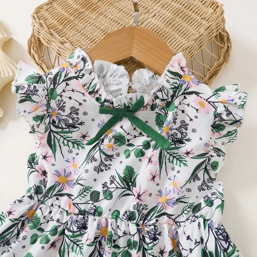 Children Girl Summer Floral Dress Baby Girl Fashion Sleeveless Dresses with Bow Design Casual Dress for Toddler Girl 1-6Years