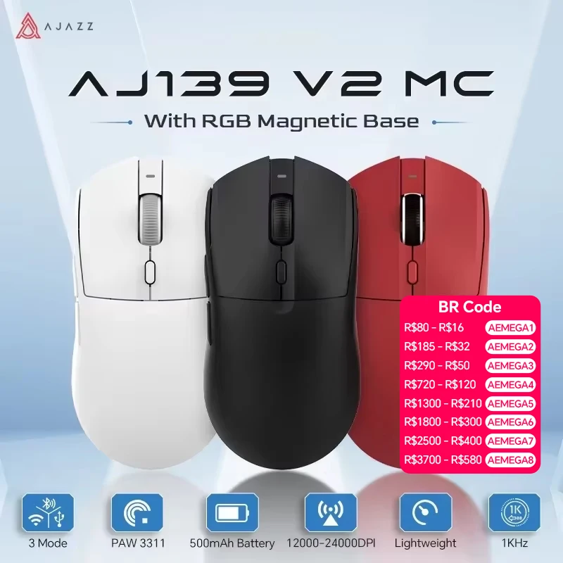 Mouse Gamer Sem Fio AJAZZ AJ139 V2 MC/AJ139 PRO com Sensor PAW3311/PAW3395 12000DPI/26000DPI 500mAh Bluetooth para PC