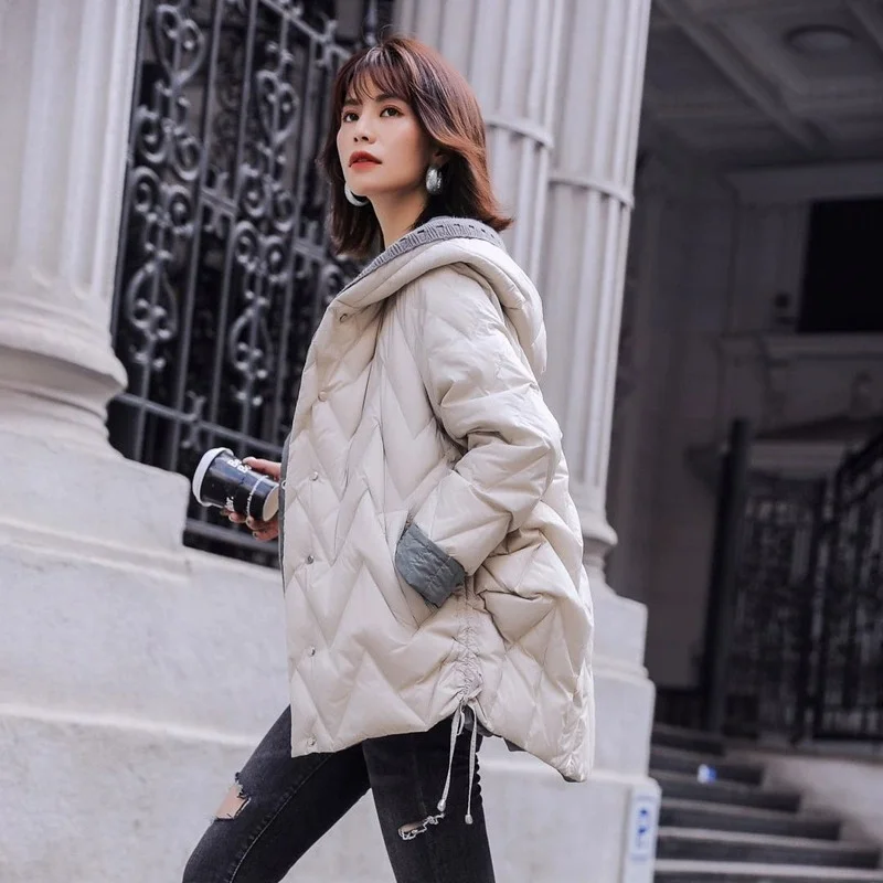 Warm Thick Knitted Patchwork Hooded Down Coat Winter Women White Duck Down Jacket Parkas Female Single Breasted Short Outwears