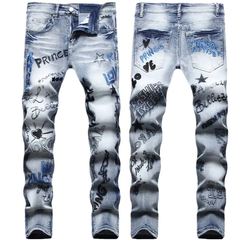 

New Fashion Men High Street Hip Hop Slim Denim Jeans High Quality Male Light Blue Embroidered Strench Long Jeans Pants Size 42