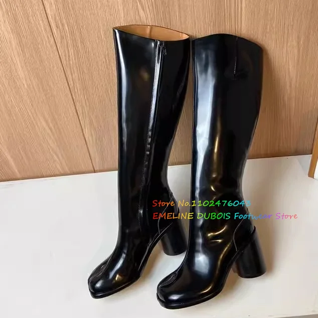 Black Split Toe Knee High Boots Women Round Toe Chunky Heel Genuine Leather Pig's Hoof Side Zipper Solid Color Winter Booties