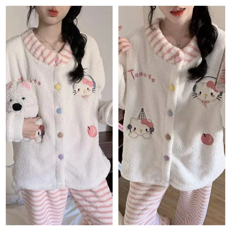 

Женский флисовый пижамный комплект Sanrio с мультяшным принтом, осенне-зимний, утепленный, с длинными рукавами и брюками, кардиган с круглым вырезом, милый комплект для сна с Китти