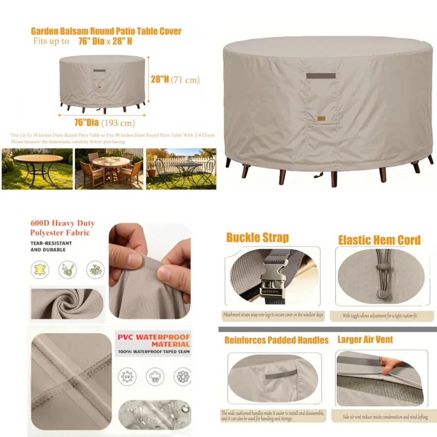 

600D Heavy Duty Waterproof Patio Furniture Covers UV Resistant Round Outdoor Table Chair Covers Medium Round Beige