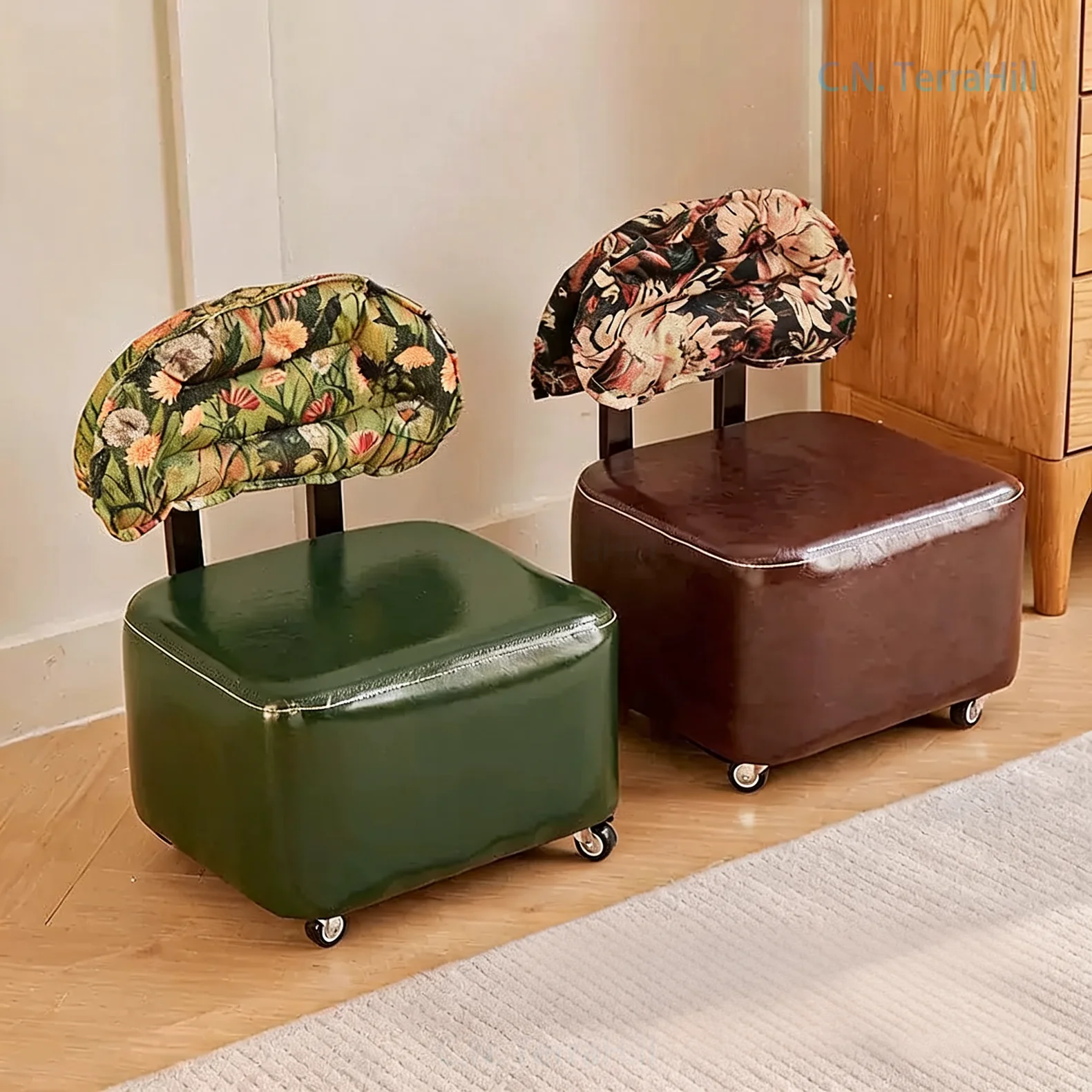 Rotating Shoe Bench with Backrest Solid Wood Swivel Sofa Stool Universal Wheels Jacquard Living Room Home Entryway