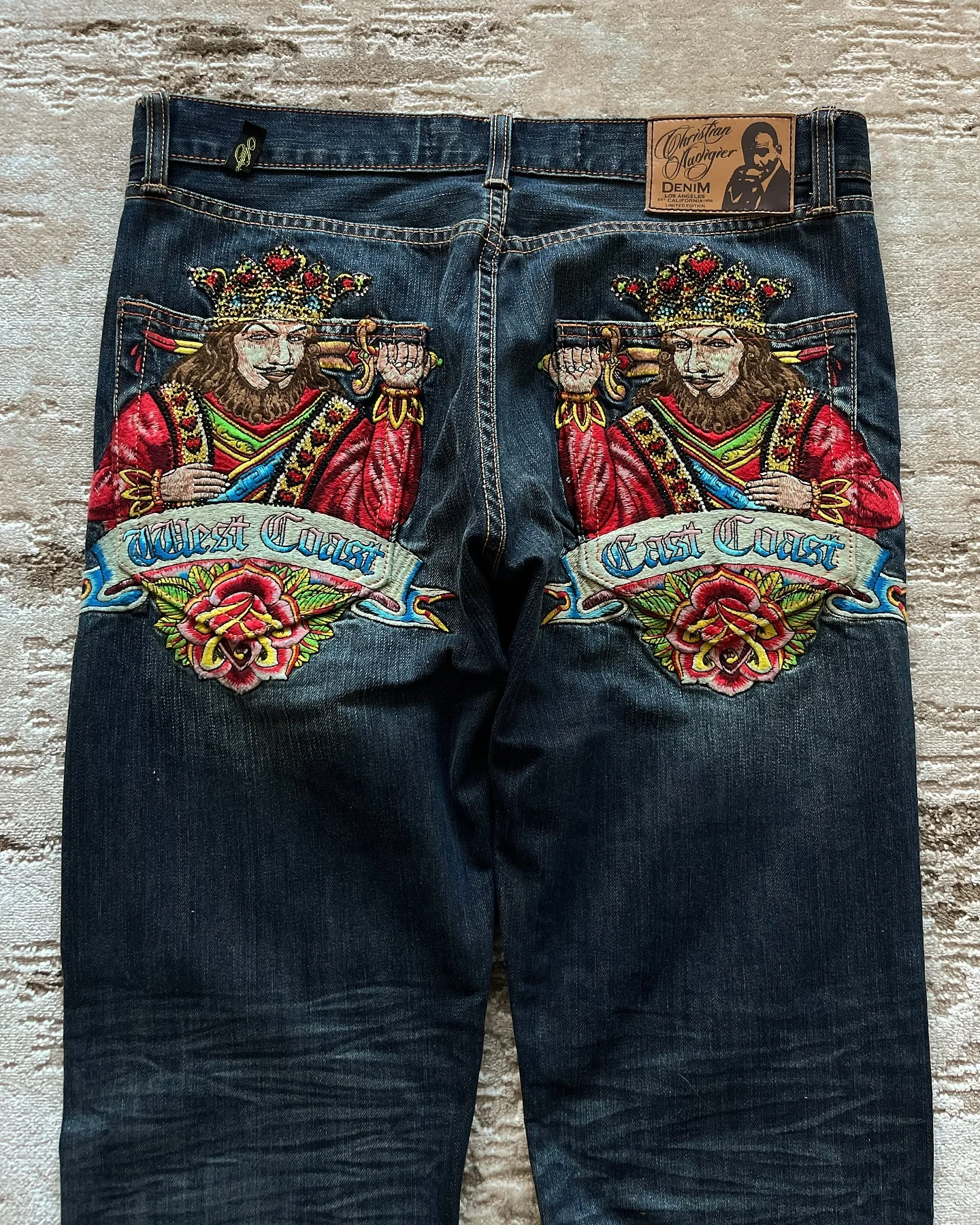 

Vintage 2000s Suicide Kings Jeans High Waisted Baggy Straight Denim Pant Streetwear Jean Hot Stamp Diamond Studded Y2k Pants