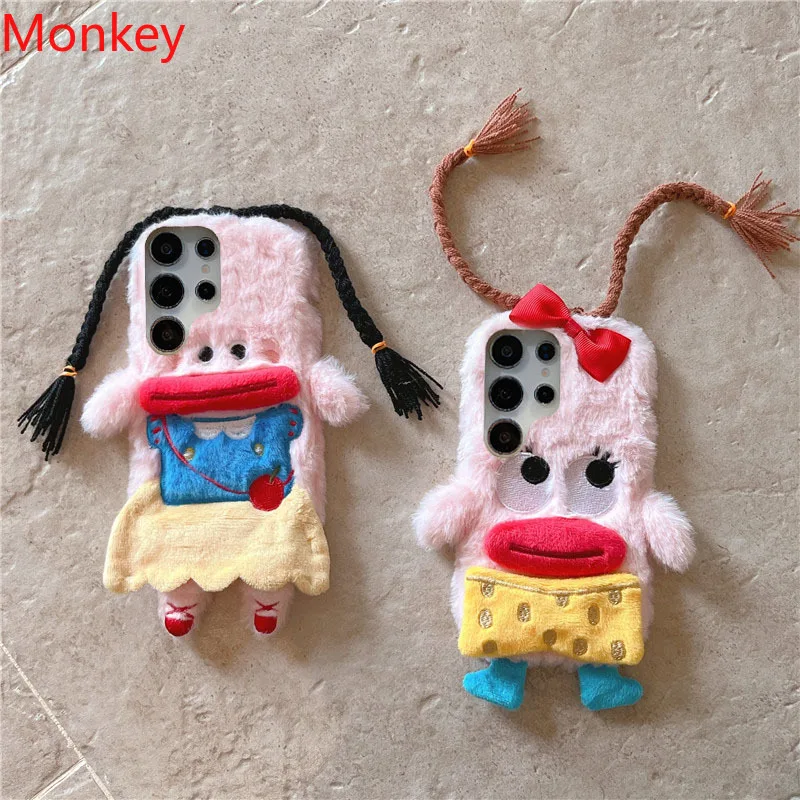 3D Cartoon Braided Girl Silicone Phone Case For Samsung S25 S24 S23 FE S22 S21 S20 S10 S9 Cute Warm Fur Sausage Mouth Cover Gift