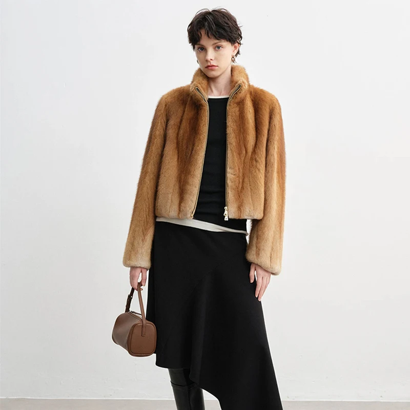 Ftangaiur New Winter Imported Mink Fur Coat Pure Color Mandarin Collar Women Short Full Sleeve Natural Real Mink Fur Coats