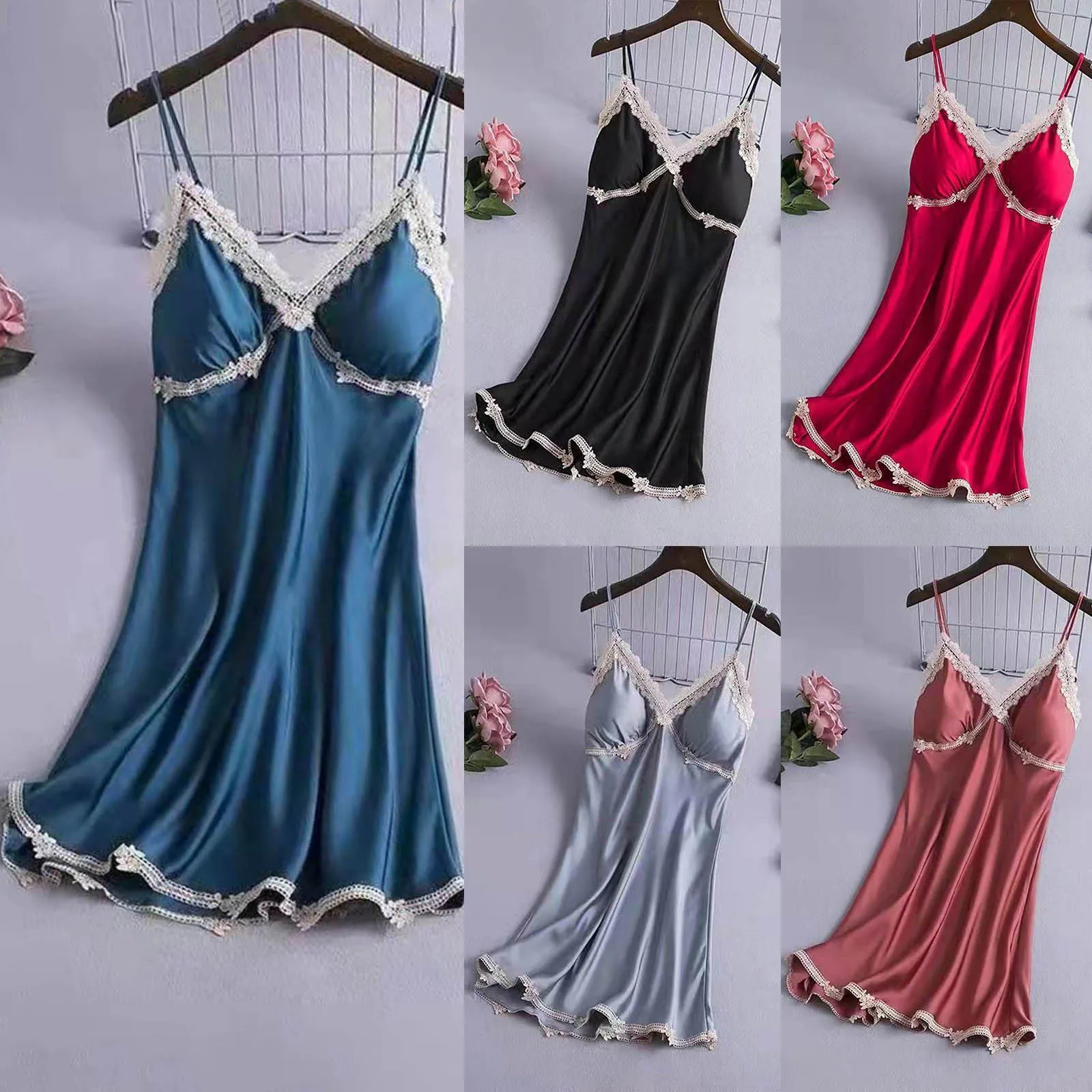 

Women Sexy Nightwear Lace Nightgowns Patchwork Camisole Nightdress Clothes Lingerie Nightie Ice Silk Dress Sleep Wear