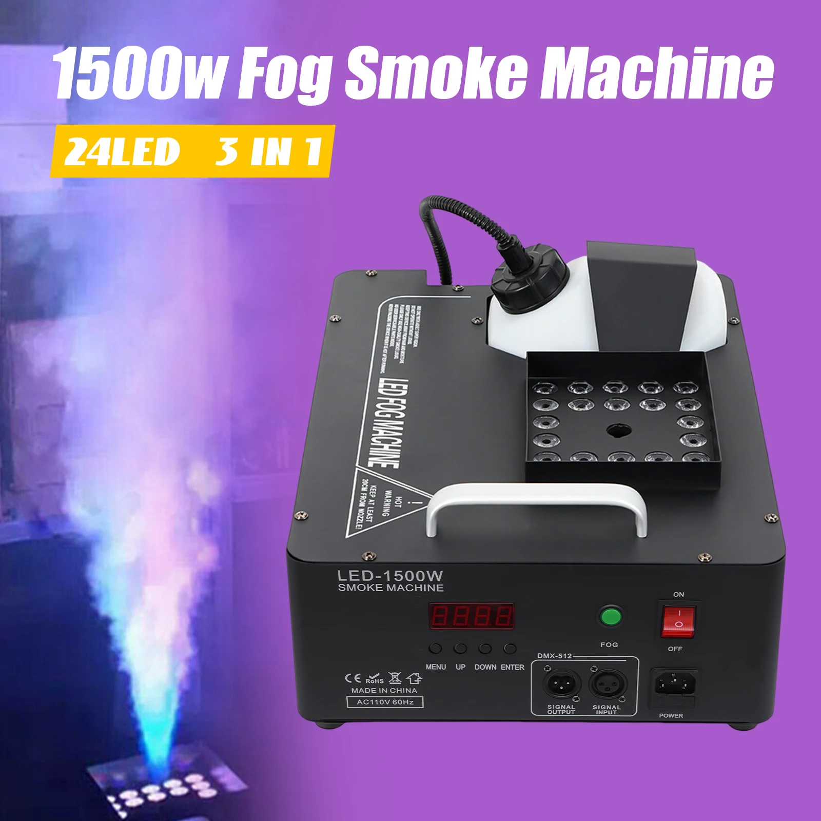 24led 1500w Column Smoke Generator 3-in-1 with Built-In Power Adapter 16.54*12.6*9.45 in Fog Smoke Machine with Remote Control Seven Light Colors 0.53 Gal Oil Tank for Wedding Haunted Houses Halloween Parties Christmas Clubs Performances Stage Effects