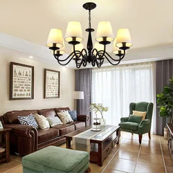 American country black iron paint 6 heads ceiling chandelier dual-use retro E14 linen cover living room decor chain LED lighting