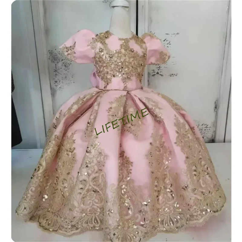 Vestidos rosas de encaje champán con cuentas para niñas, ropa larga con lazo grande y cuello redondo, vestidos de fiesta para niñas, vestido de cumpleaños