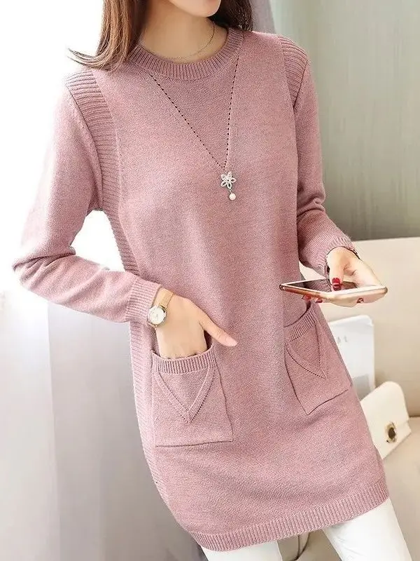 

Loose Fit Women's Knitted Sweater Thin Long Sve Overhead round Ne Pure Color Versatile Autumn Winter Faion Casual Sle