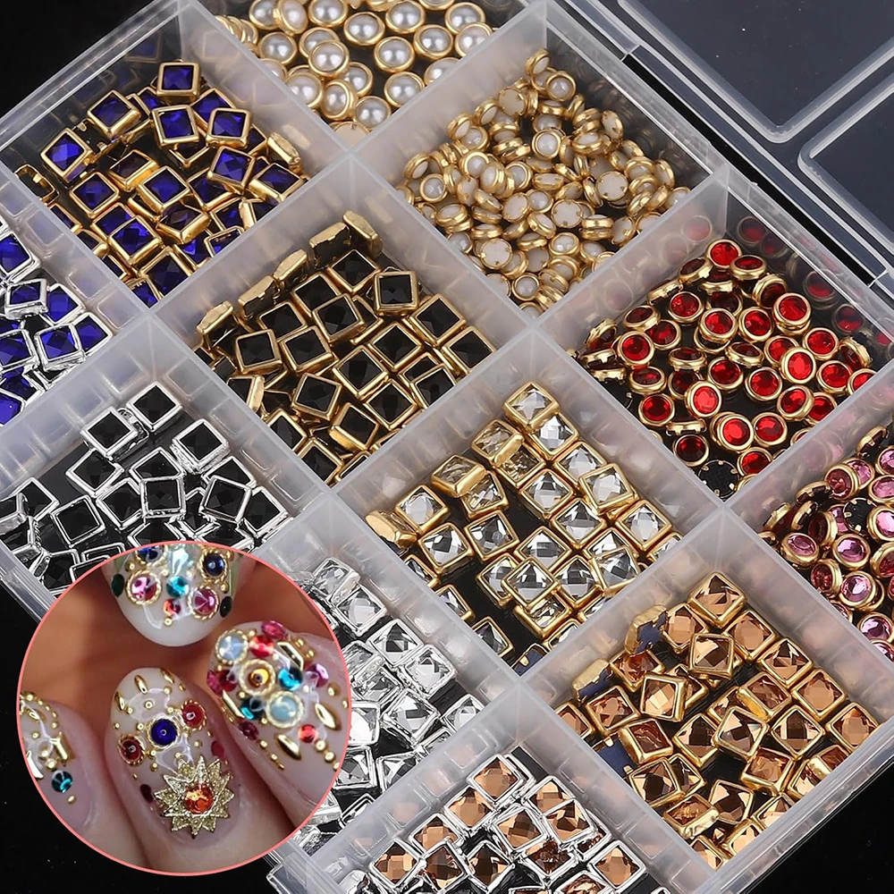 12 Colors Mixed Nail Crystal Gems for Manicure DIY Decorations 3D DIY Jewel Craft with Pearls Rhinestones Vintage Nail Art Charm