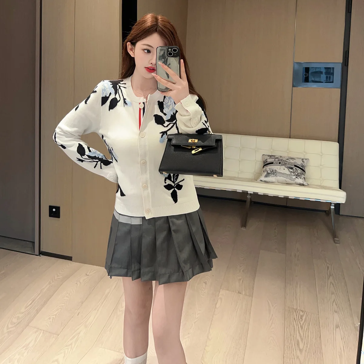 

Вязаный открытый кардиган с вышивкой Ele Rose, круглый необычный универсальный женский свитер на одной пуговице, нежный слэ