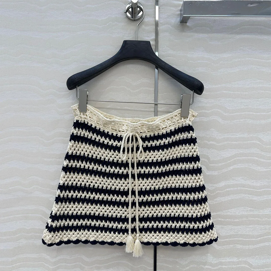 

Вязаные крючком полосатые полые трикотажные юбки ручной работы, женские свободные мини-юбки трапециевидной формы с заниженной талией и поясом на шнуровке