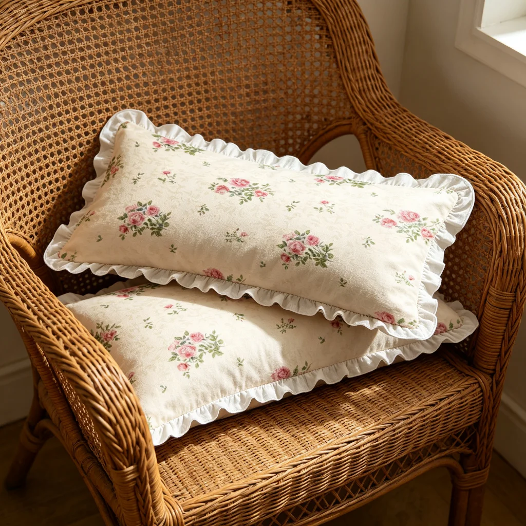 Beige Rose Cluster Print Long Lumbar Pillow Cover, Cute Meadow, Bedroom Living Room Sofa Bed Decor, Polyester, Home Decor