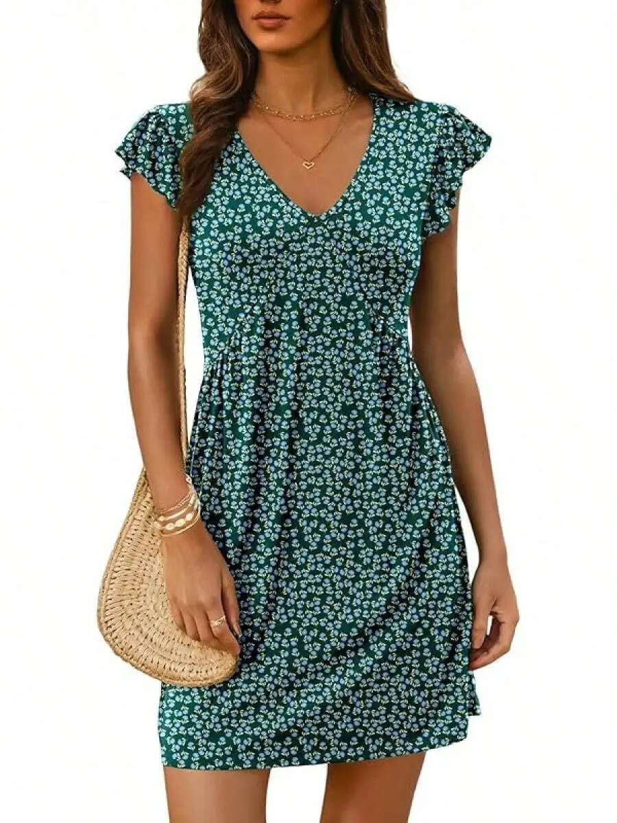 

Womens Summer Casual Loose V-Neck Ruffle Sleeve Floral Print Sundress