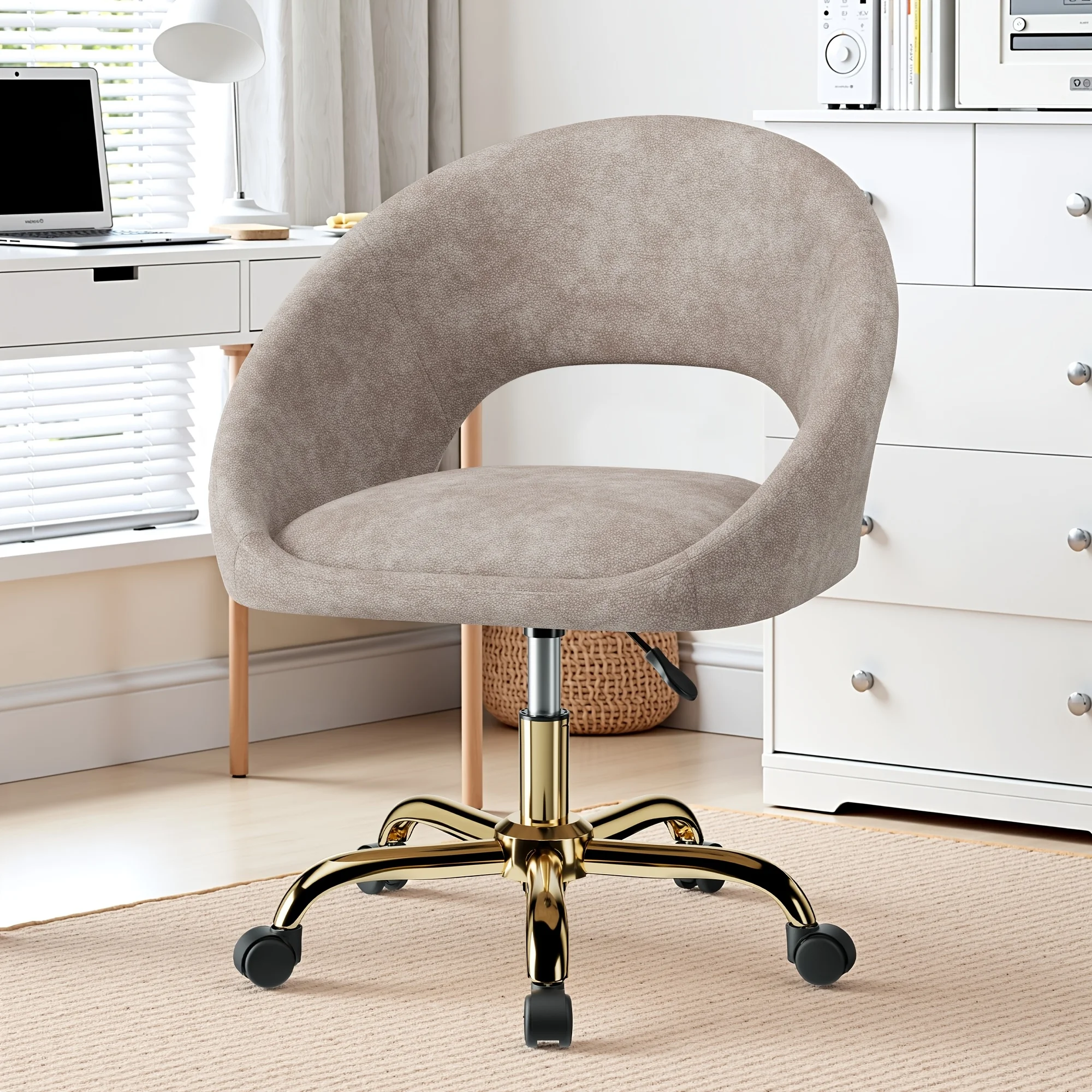 

Vanity Chair with Back & Wheels, Smooth Tech Fabric, Modern Makeup Chair Adjustable Height, Home Office Chair Breathable Hollow Back Design, Wide Cushion 360° Swivel Dressing Chair Mid Back Desk Chair Dresser Chair Leisure Chair Computer Chair