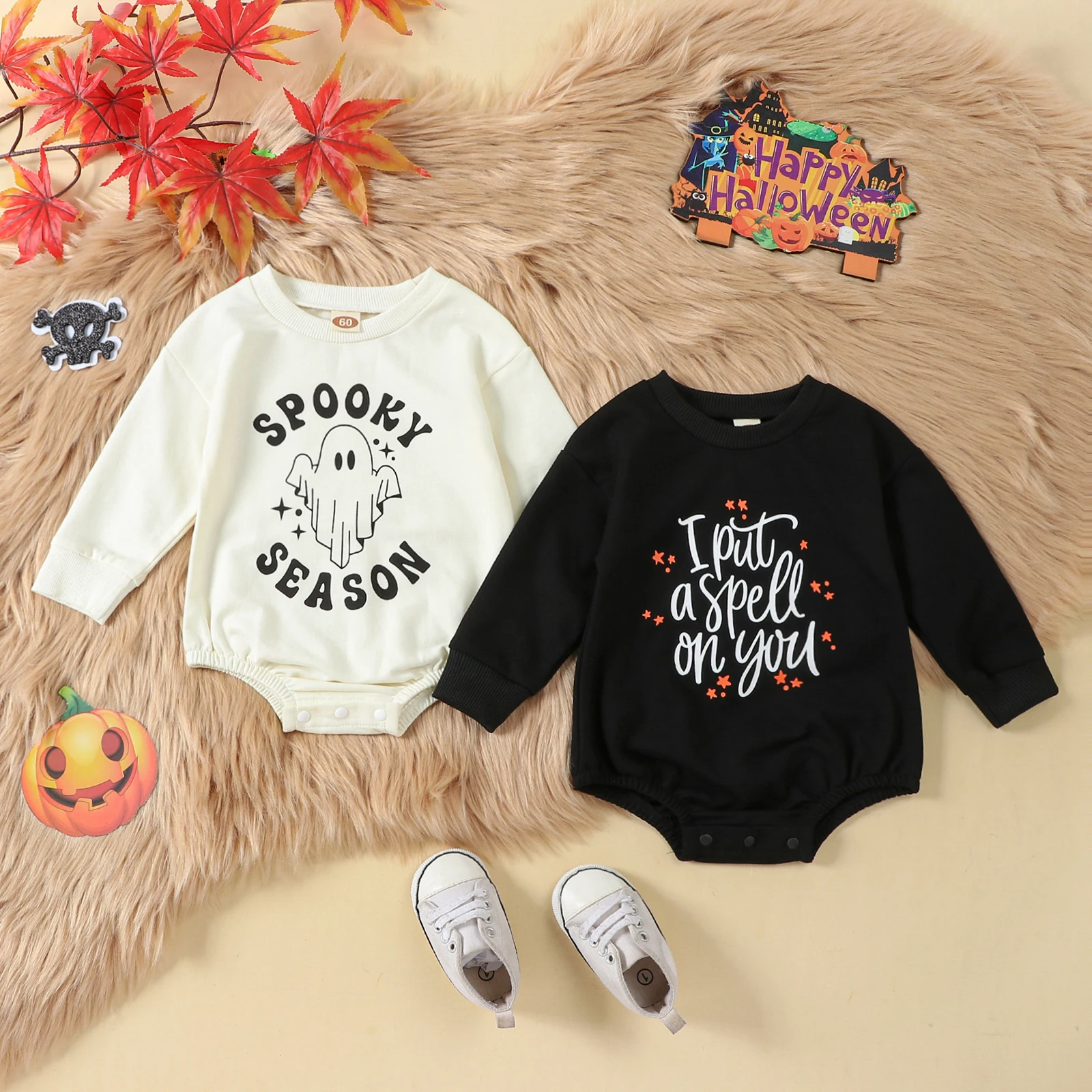 Halloween Baby Long Sleeve Jumpsuit Sweatshirt Round Neck Lette&Star&Ghost Print Romper Toddler Clothes