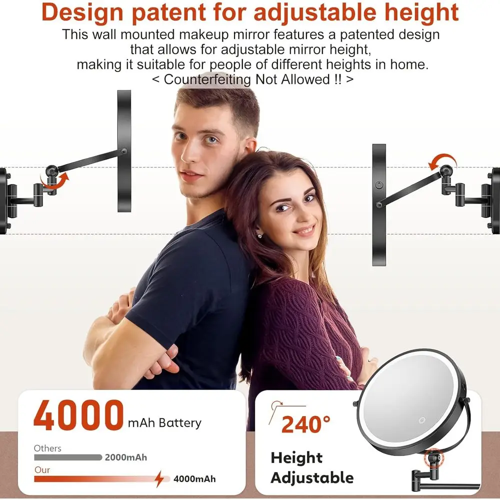 9 مرآة مكياج مثبتة على الحائط مضيئة LED، قابلة لإعادة الشحن بقدرة 4000 مللي أمبير في الساعة، تكبير مزدوج الجوانب 1X/20X، تعتيم باللمس، 360 درجة ° روتاتاب #3