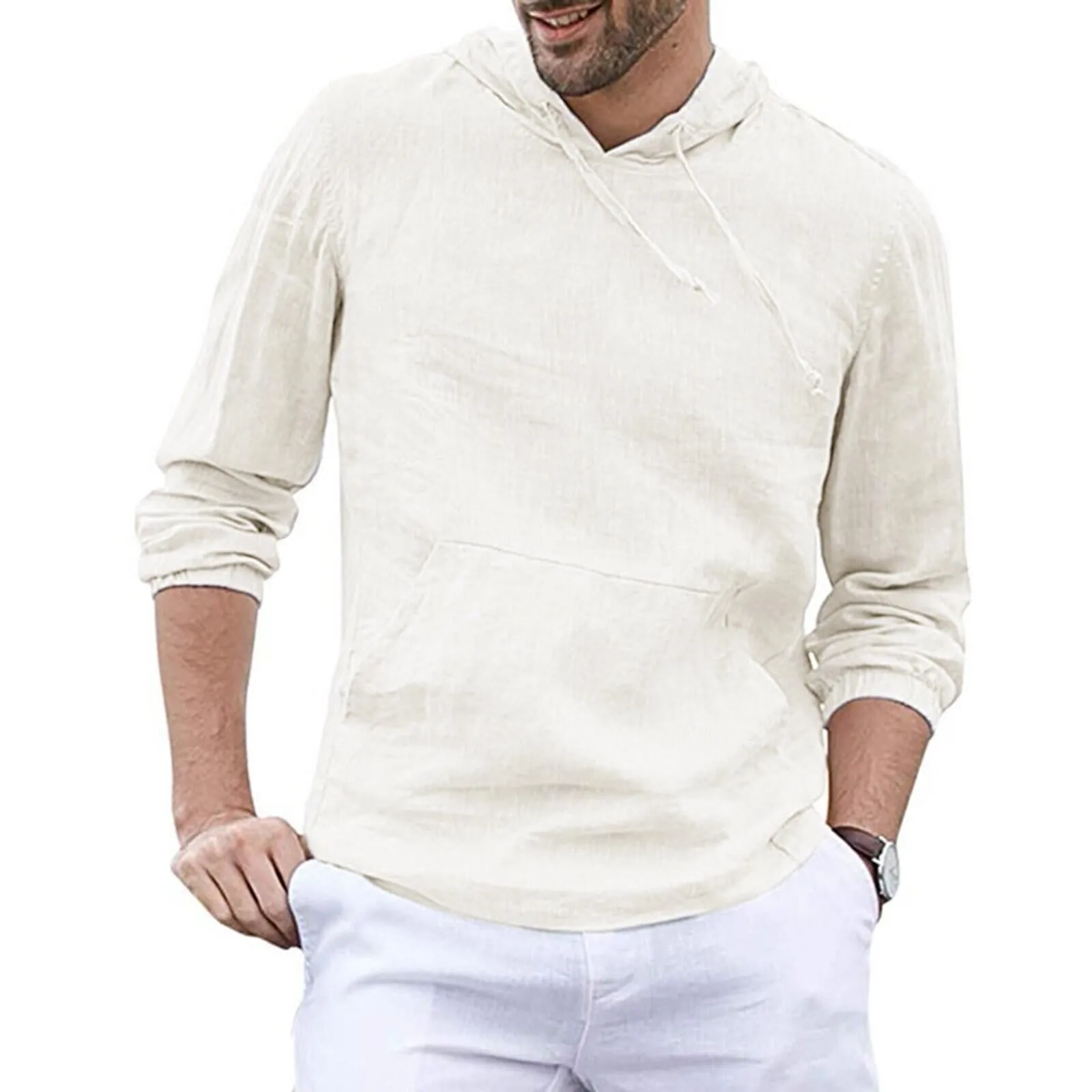 Hooded Shirts For Men Spring Summer Daily Cotton Linen Solid Color Long Sleeve Shirts With Pockets Casual Loose Shirts