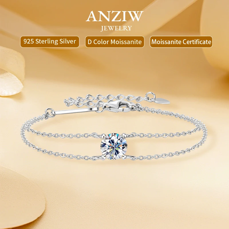 

Anziw S925 1 карат 6,5 мм D круглый муассанит браслет для женщин классическая двойная цепочка 925 серебряный браслет регулируемые ручные украшения подарок