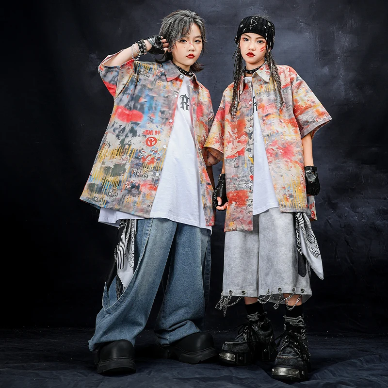 

Kids Vintage Shirts Printed Streetwear Hip Hop Oversized Colorful Loose Shirts Short Sleeve Button Up Blouse Tops Age 4-14Y