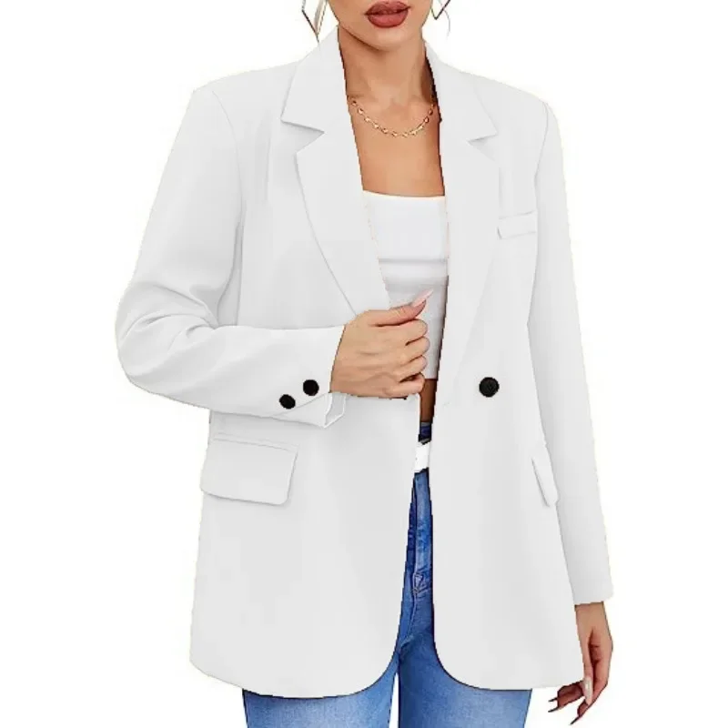 Chaqueta de Color liso con solapa para mujer, cárdigan con un solo botón, cálido, Formal, cuello en V, talla grande, para oficina, traje de negocios, abrigos S-5XL